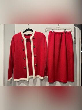 Vintage Veronica Red Knit Cardigan Skirt Set Double Breasted Gold Buttons
